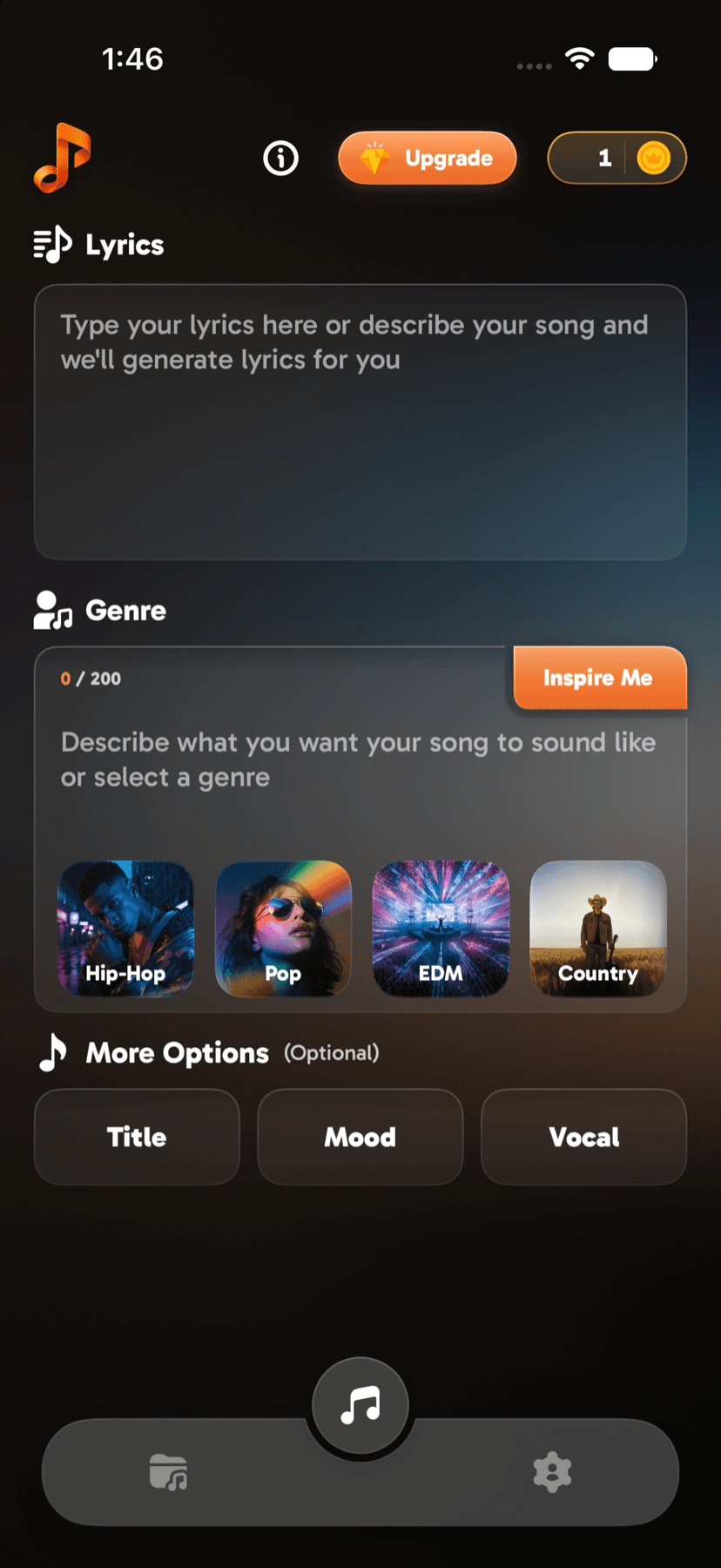 The SendTunes Create screen with a lyrics box, genre cards, and mood options