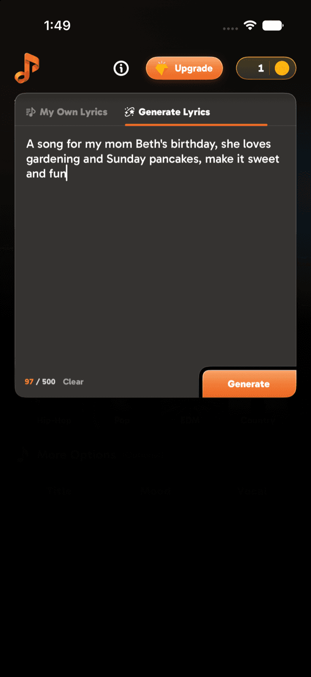 The Generate Lyrics tab with a song idea typed in