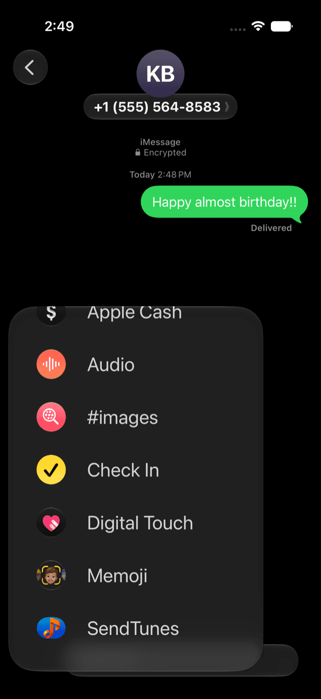 The iMessage plus menu with SendTunes highlighted