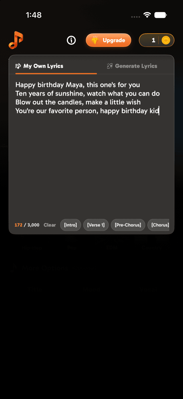 The My Own Lyrics editor with the section tag buttons highlighted