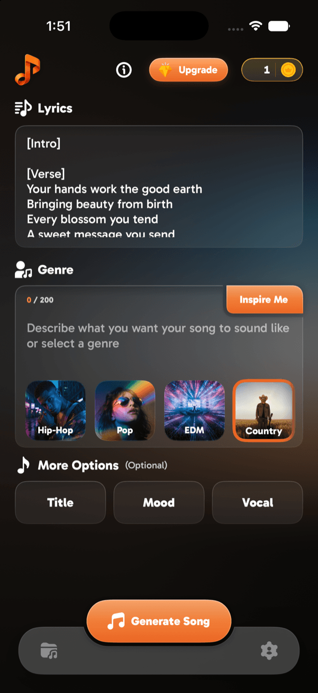 The style section with the description field, genre chips, and Generate Song button highlighted